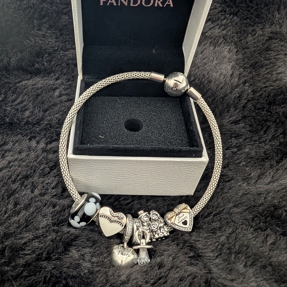 Pandora Silver Bracelet with Black & White Glass and Heart Charms